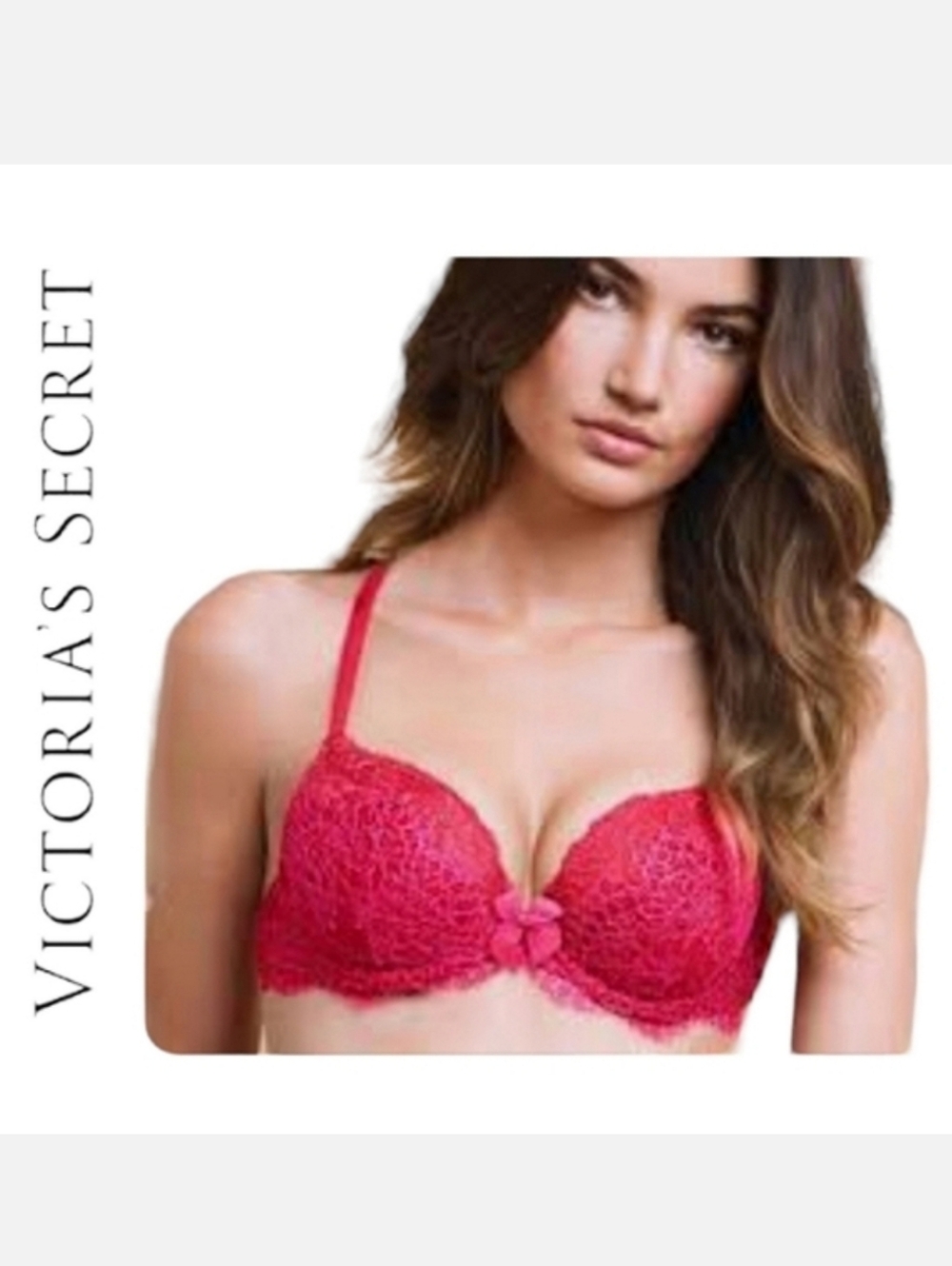 Victoria's Secret DREAM ANGELS Push-Up Bra Red/Coral Lace Overlay Sz 34DD